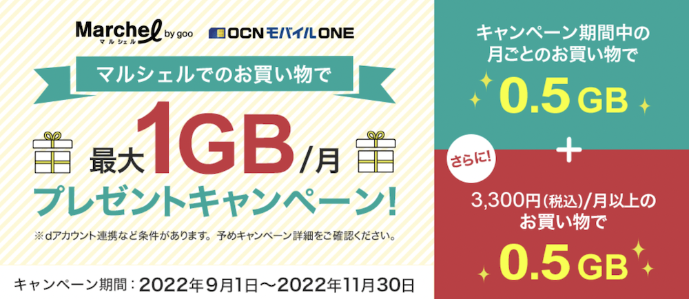 OCNモバイルONE マルシェルでのお買い物で最大1GBプレゼントキャンペーン